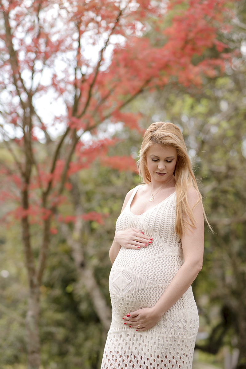 foto de gestante em caxias do sul fotografa morgana perini gestante vestido na frente de arvore vermelha