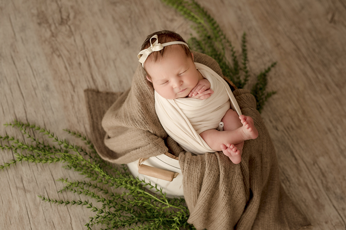 foto de newborn em caxias do sul fotografa morgana perini bebe com tecido marrom e folhas verdes