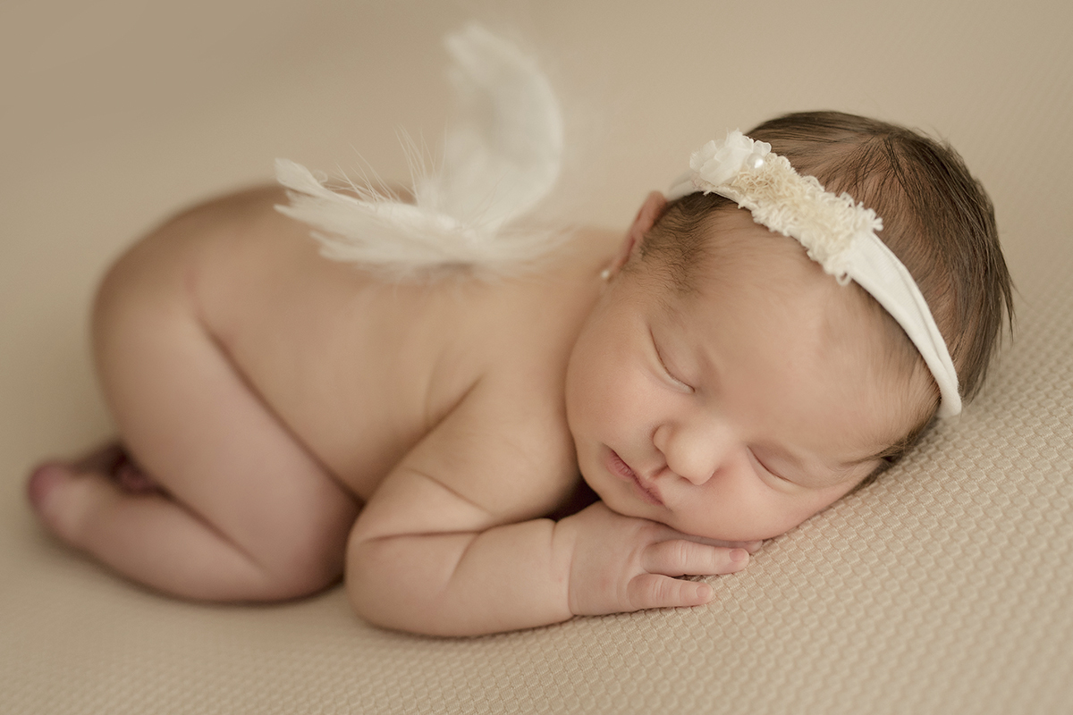 Foto newborn em caxias do sul fotografa morgana perini menina com tiara e asas de anjo branca