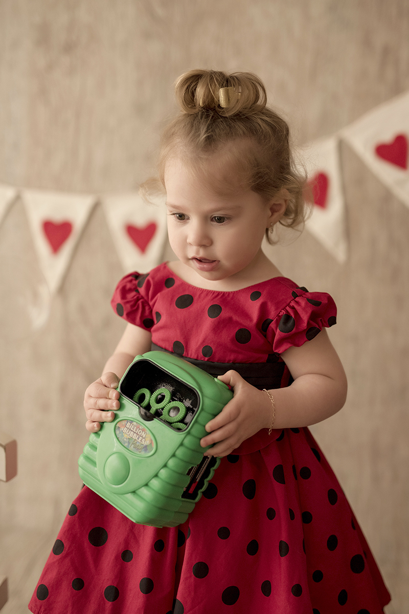 Foto criança em caxias do sul fotografa morgana perini menina vestido vermelho brinquedo verde