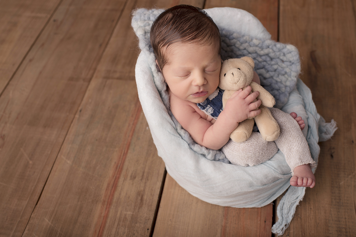 Foto newborn em caxias do sul fotografa morgana perini tons de cinza urso bebe sentado