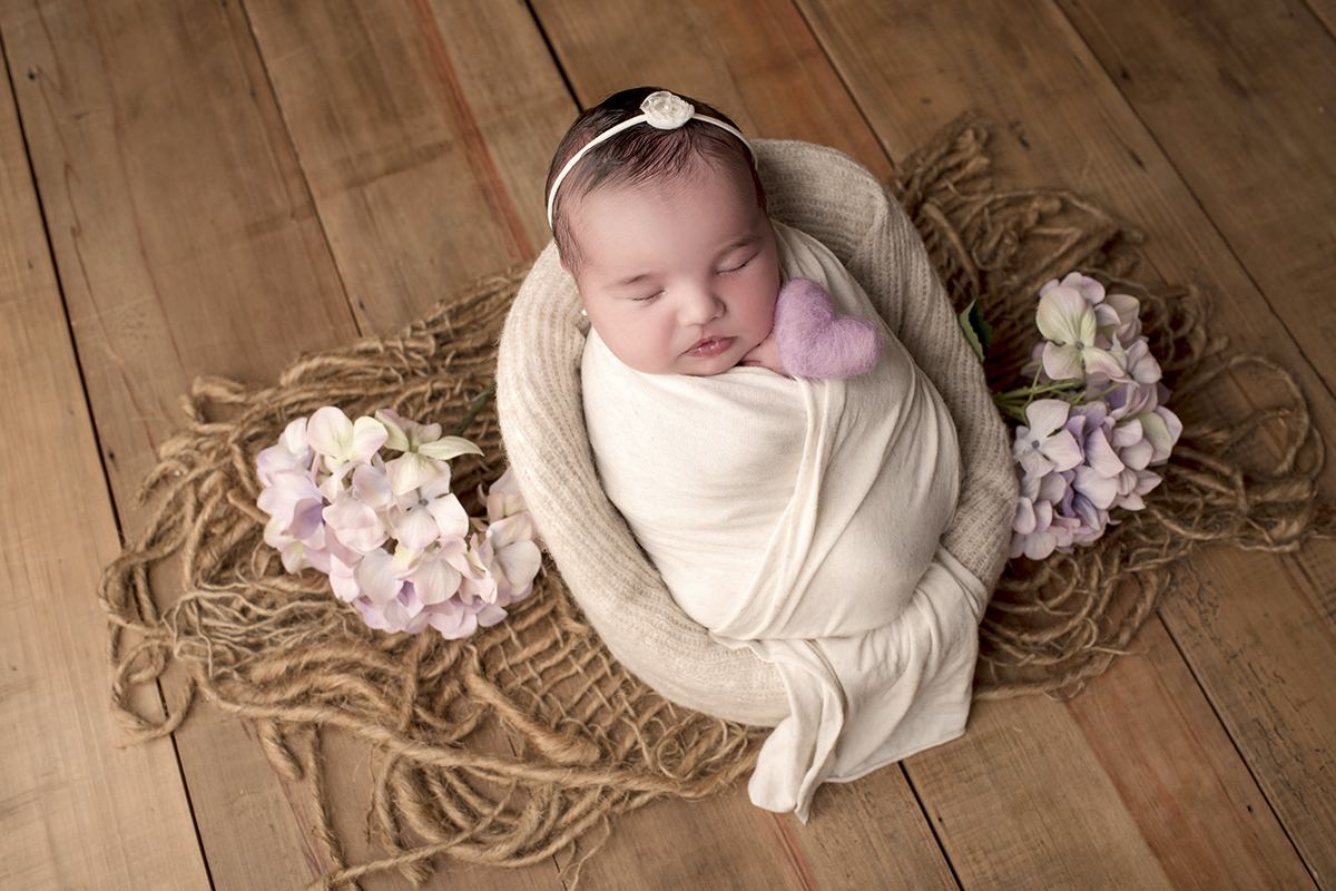Foto newborn em caxias do sul fotografa morgana perini bebe flores roxas