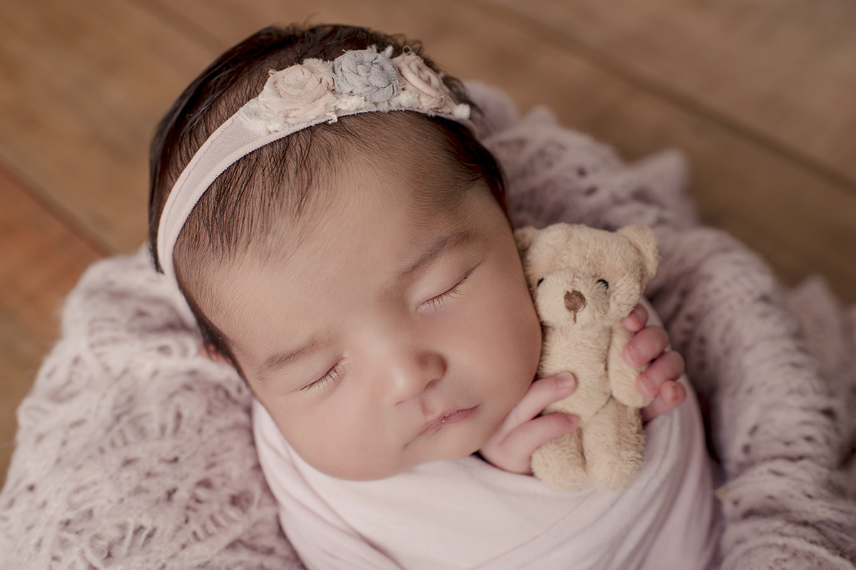 Foto newborn em caxias do sul fotografa morgana perini bebe com ursinho tecidos rosa
