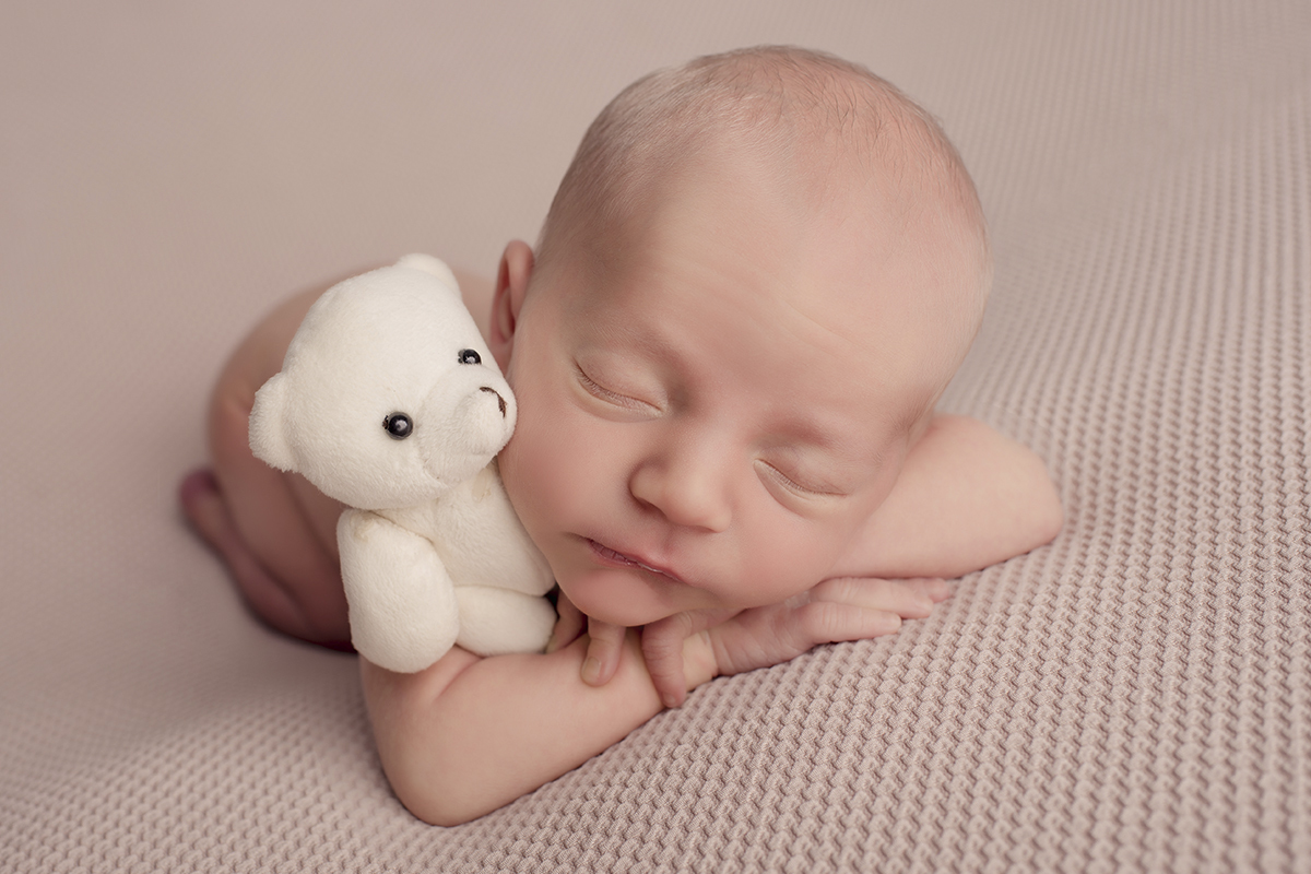 Foto newborn em caxias do sul fotografa morgana perini bebe com ursinho fundo rosado