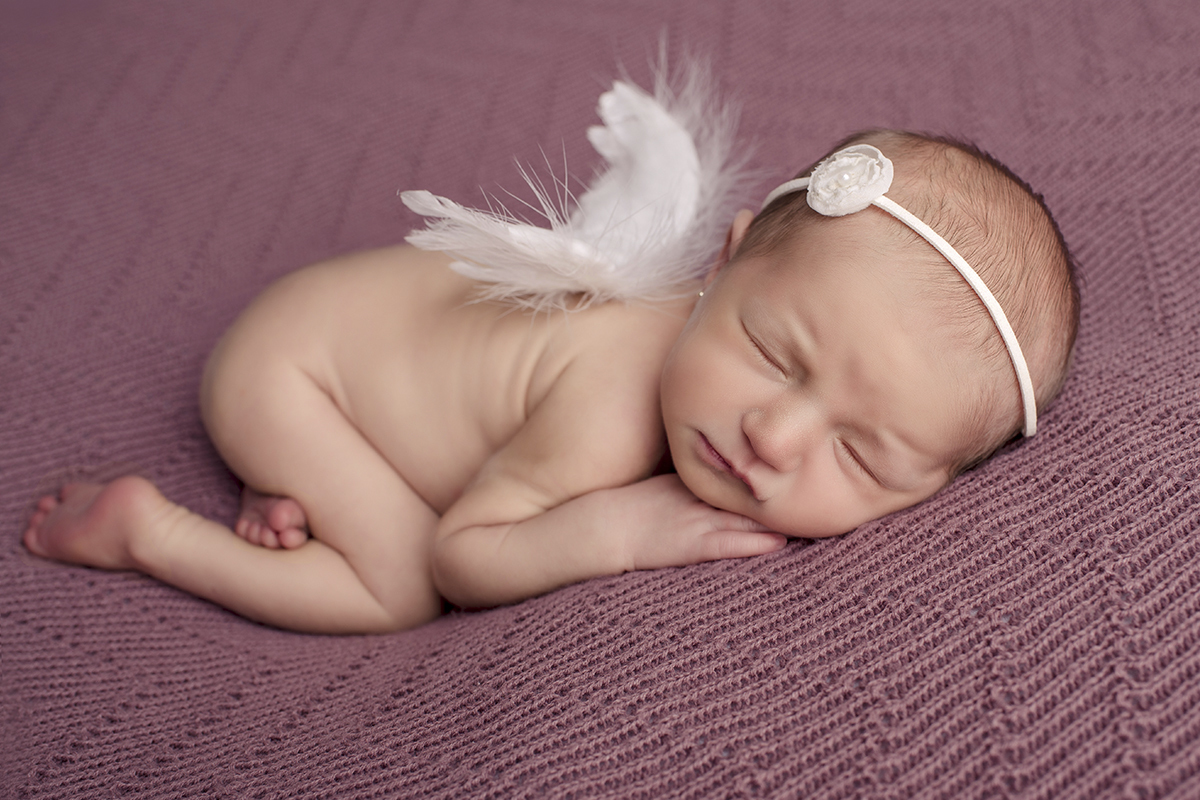 Foto newborn em caxias do sul fotografa morgana perini tiara branca asas de anjo fundo rosa