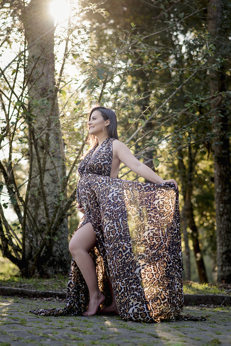 Foto de gestante em caxias do sul fotografa morgana perini segurando vestido de onçinha