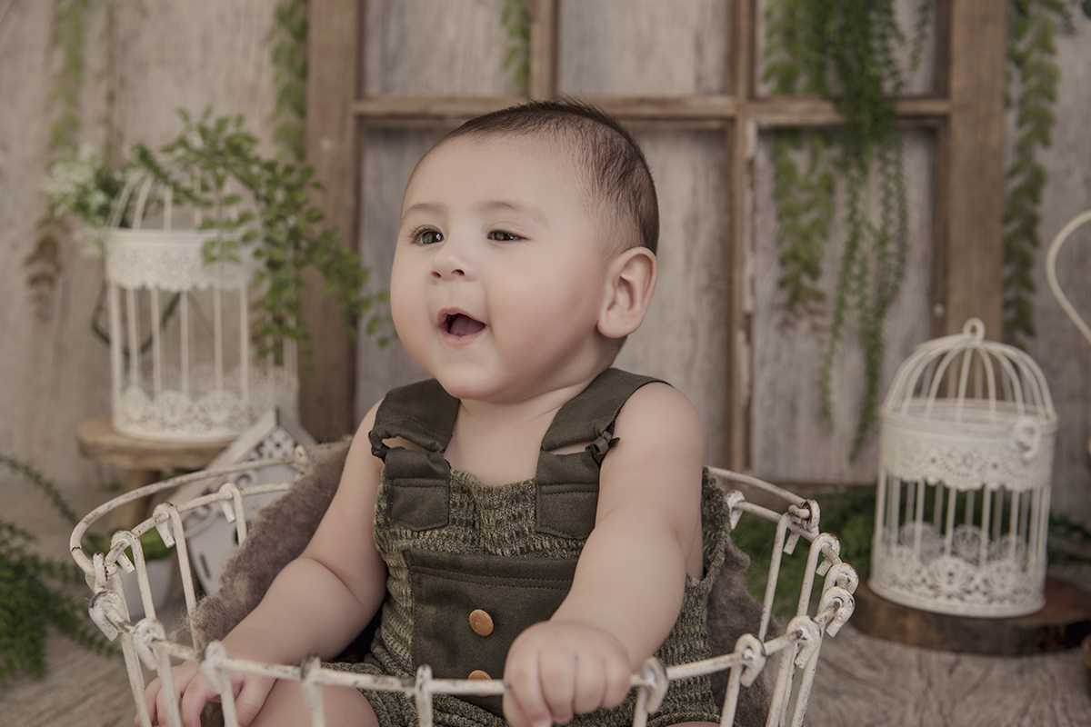 Foto de bebe em caxias do sul fotografa morgana perini bebe sorrindo cenario com gaiolas