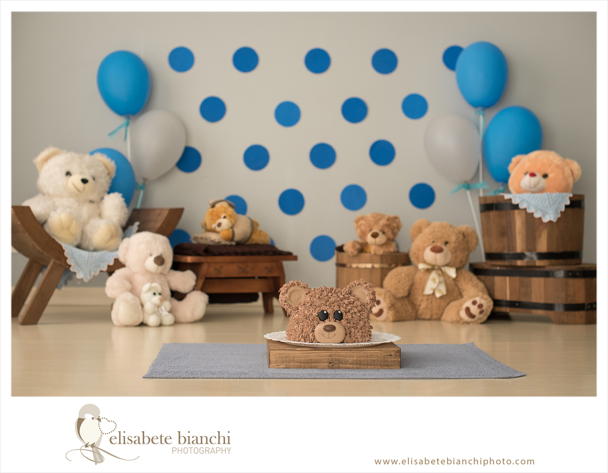 Cake Smash sessão 1 aninho ensaio aniversário acompanhamento fotográfico semestral esmaga bolo de urso cenário de urso Caxias do Sul