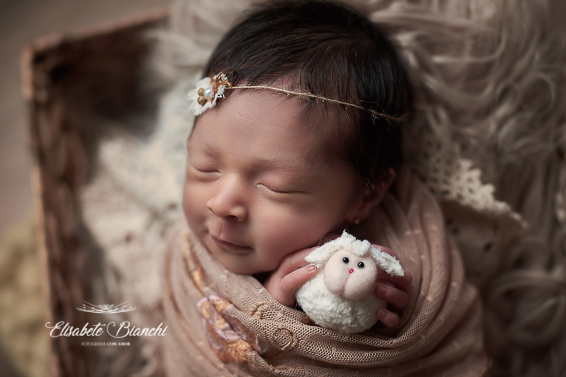 Newborn de japinha recém-nascida, enrolada e agarrada em ovelhinha de pelúcia, sorrindo, em ensaio fotográfico na casa dos pais, na cidade de Caxias do Sul - RS.
