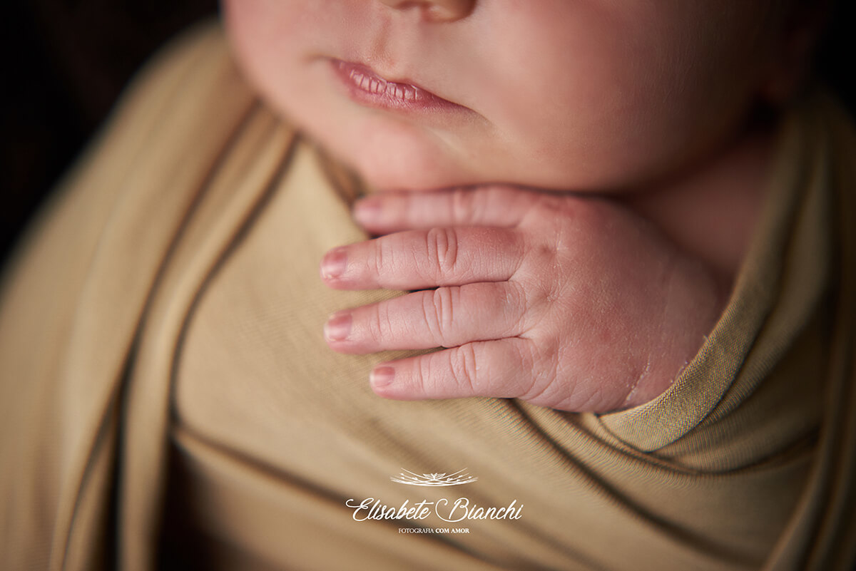 Detalhe da mãozinha de bebê recém-nascido, em ensaio newborn em Caxias do Sul - RS.