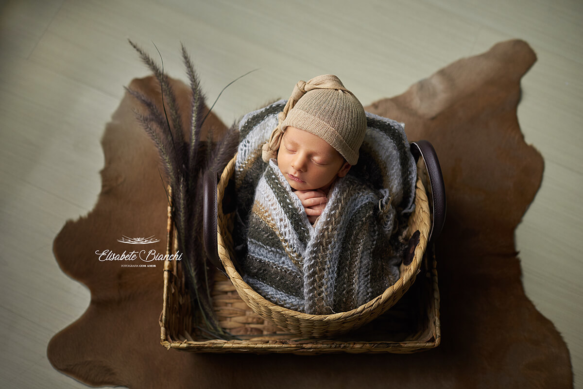Bebê recém-nascido, enroladinho, dormindo em um cesto rústico redondo, dentro de outro cesto retangular, com um buquê de capim do texas, em ensaio newborn, Caxias do Sul - RS.