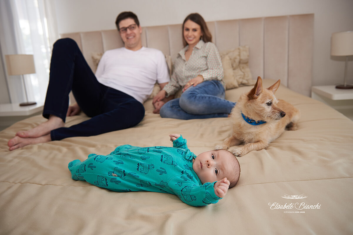 Família completa sobre a cama, papai, mamãe, bebê de 3 meses e cãozinho, em ensaio lifestyle de acompanhamento, em São Marcos, RS.