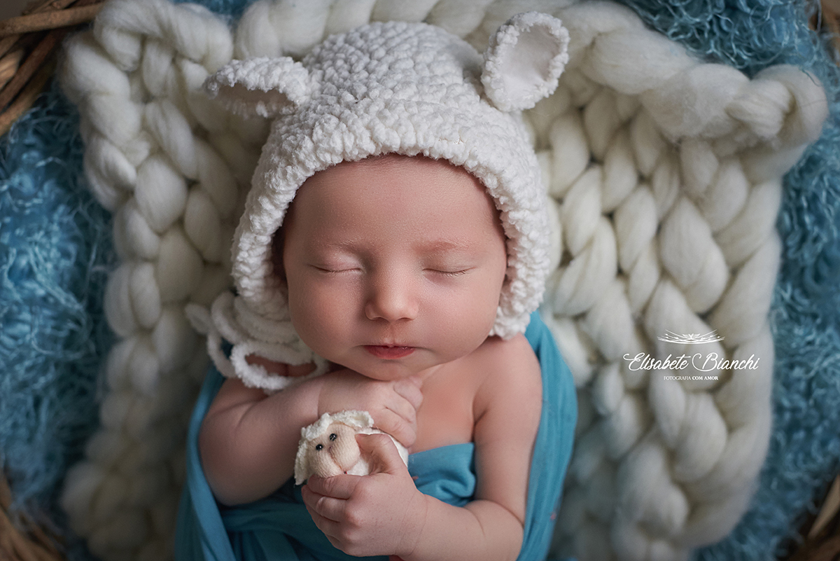 Bebê recém-nascida com touca de ovelhinha e segurando  uma ovelhinha, em ensaio newborn, em Caxias do Sul - RS