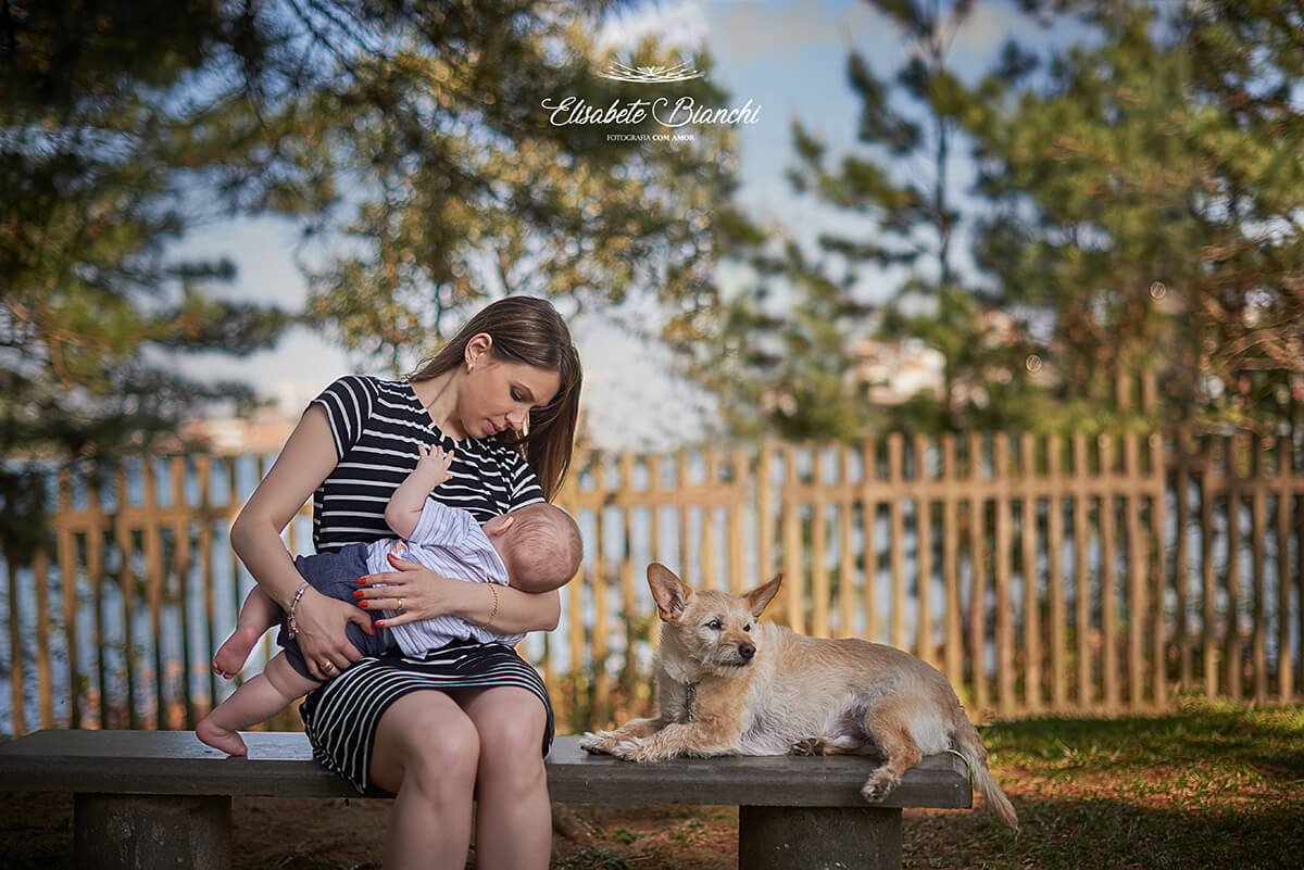 Mãe sentada em um banco de parque, amamentando o filho, bebê de 6 meses, acompanhada de seu cão, deitado no banco.