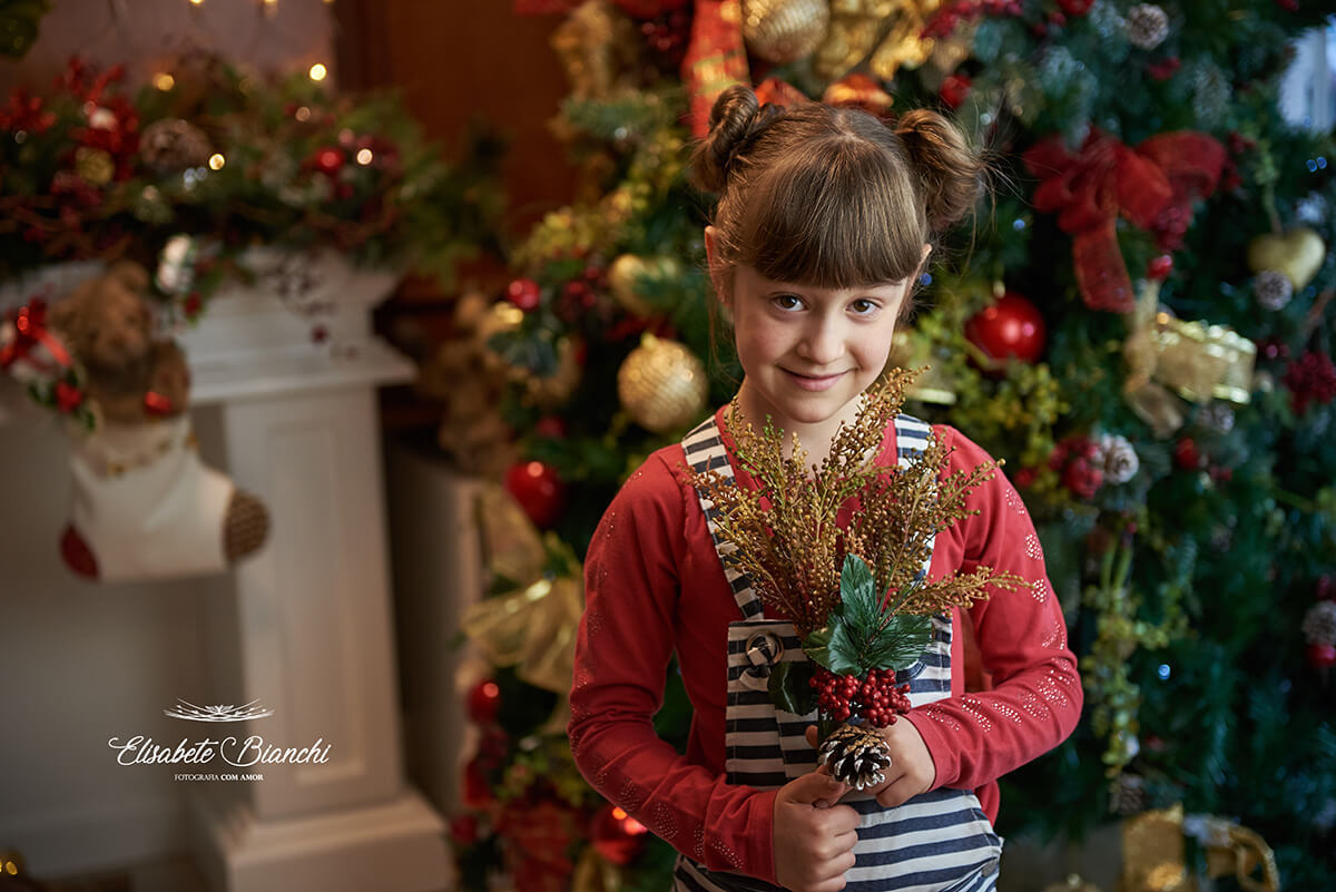 Menina segurando ramo de flores de natal, em Caxias do Sul.