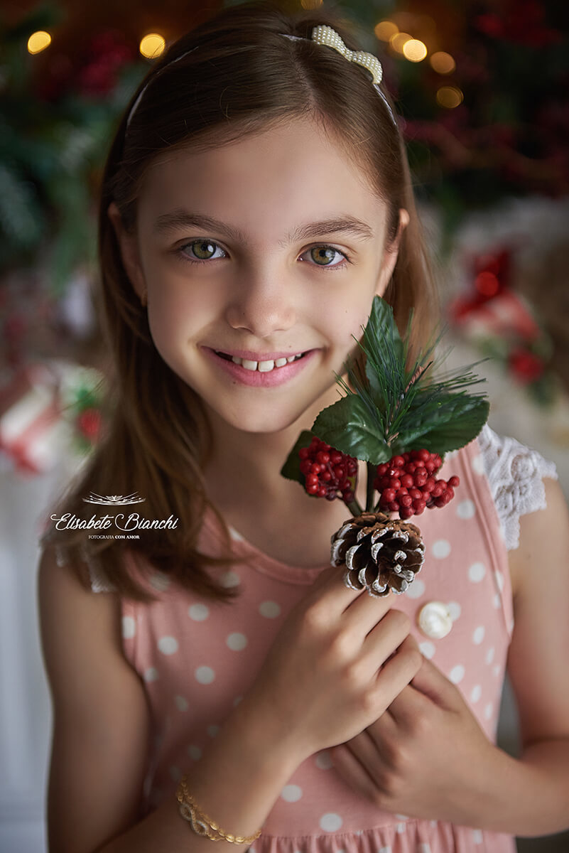 Menina segurando um raminho natalino em mini-ensaio fotográfico de natal 2019, na Casa Provença, em Caxias do Sul - RS.