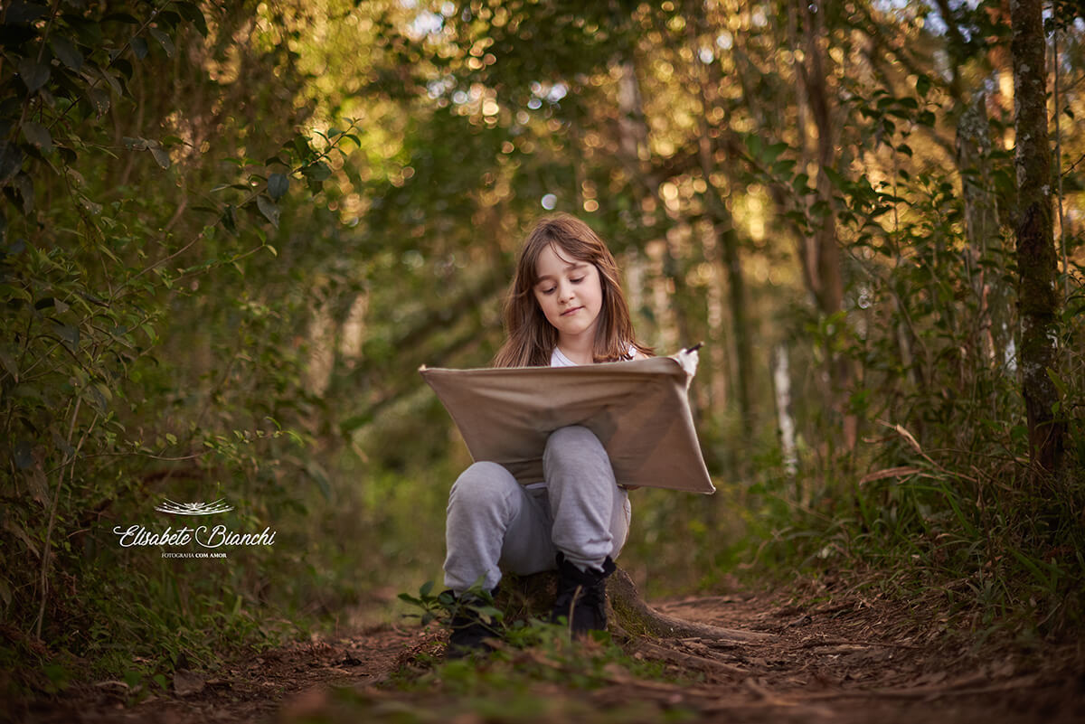 Menina sentada em um toco de árvore em meio à floresta, com uma pandorga sobre as pernas.