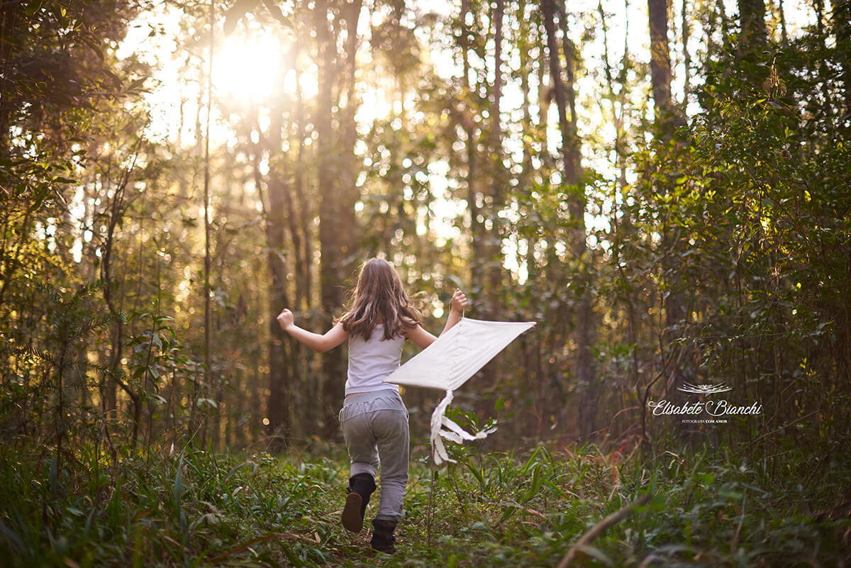 Menina correndo, de costas, tentando empinar uma pandorga, em meio à floresta.