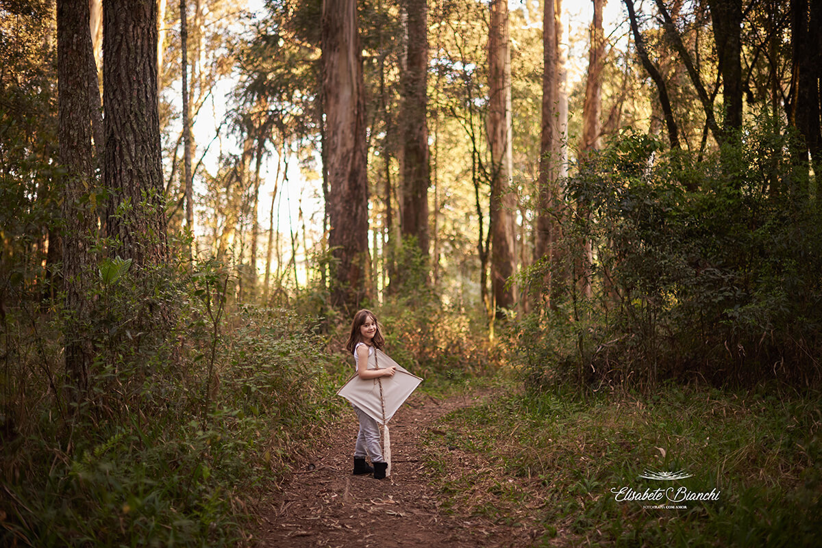 Menina caminhando com sua pipa em meio à floresta.