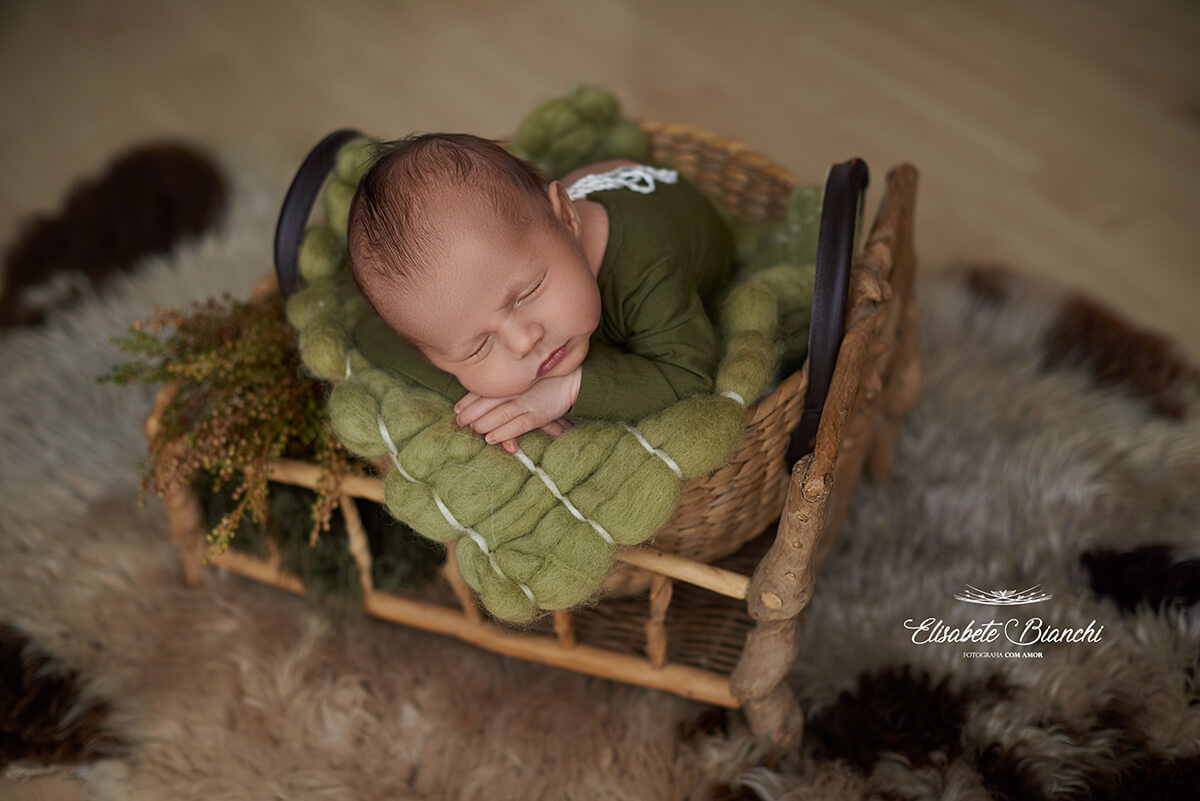Bebê dormindo em um cestinho dentro de uma caminha, em ensaio newborn, Vacaria, RS.