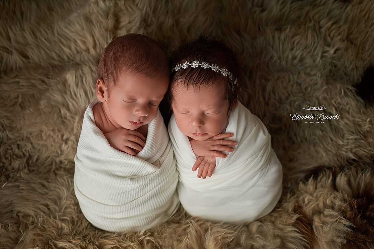 Bebês recém-nascidos enrolados em mantinha, sobre um pelego, apoiados um no outro, em ensaio newborn, em Caxias do Sul.