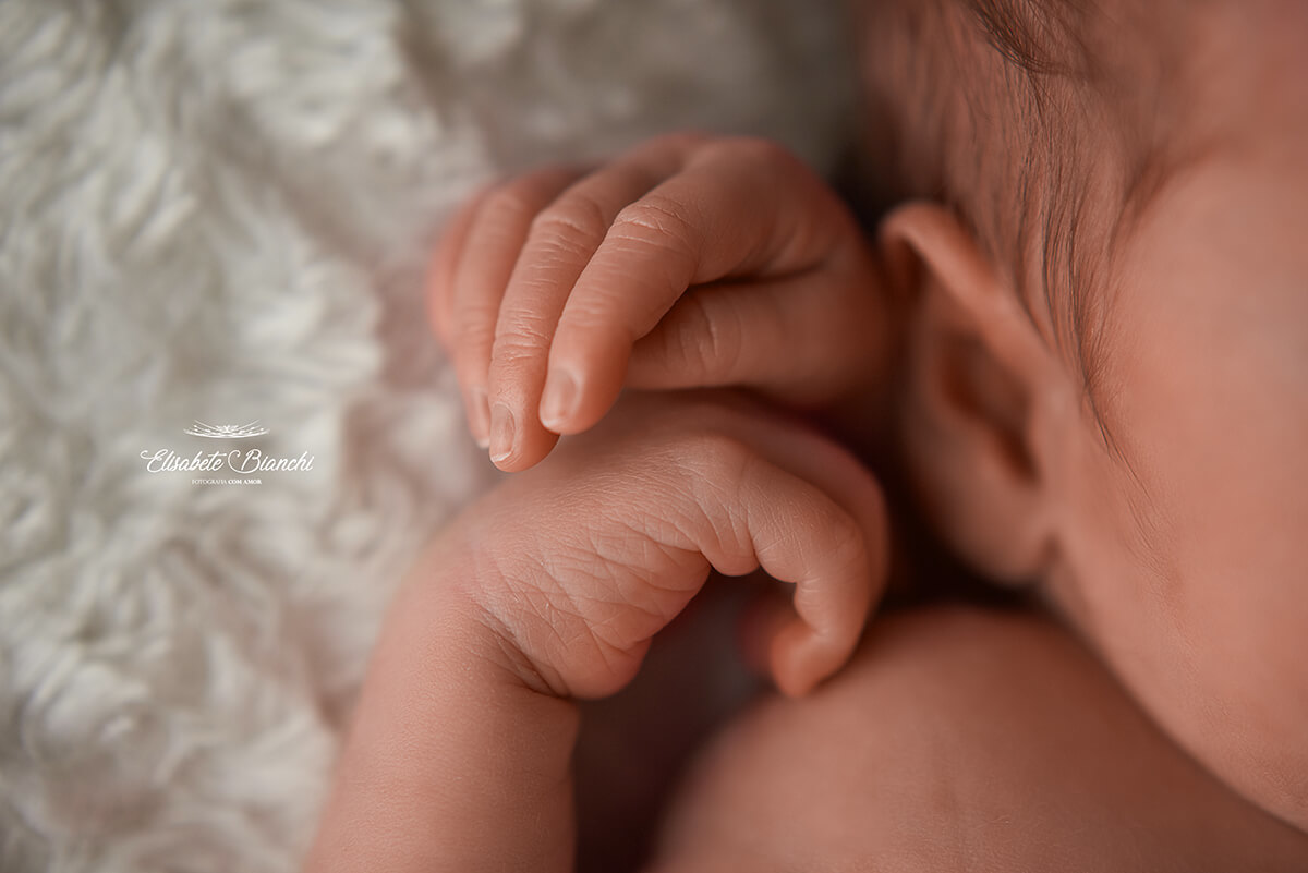 Detalhe de mãos de casal de bebês recém-nascidos, em ensaio newborn, em Caxias do Sul.