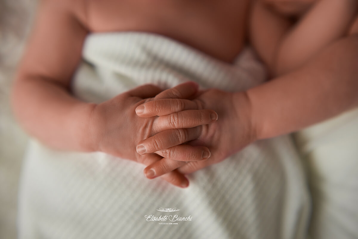 Detalhe de mãos dadas de casal de bebês recém-nascidos, em ensaio newborn, em Caxias do Sul.