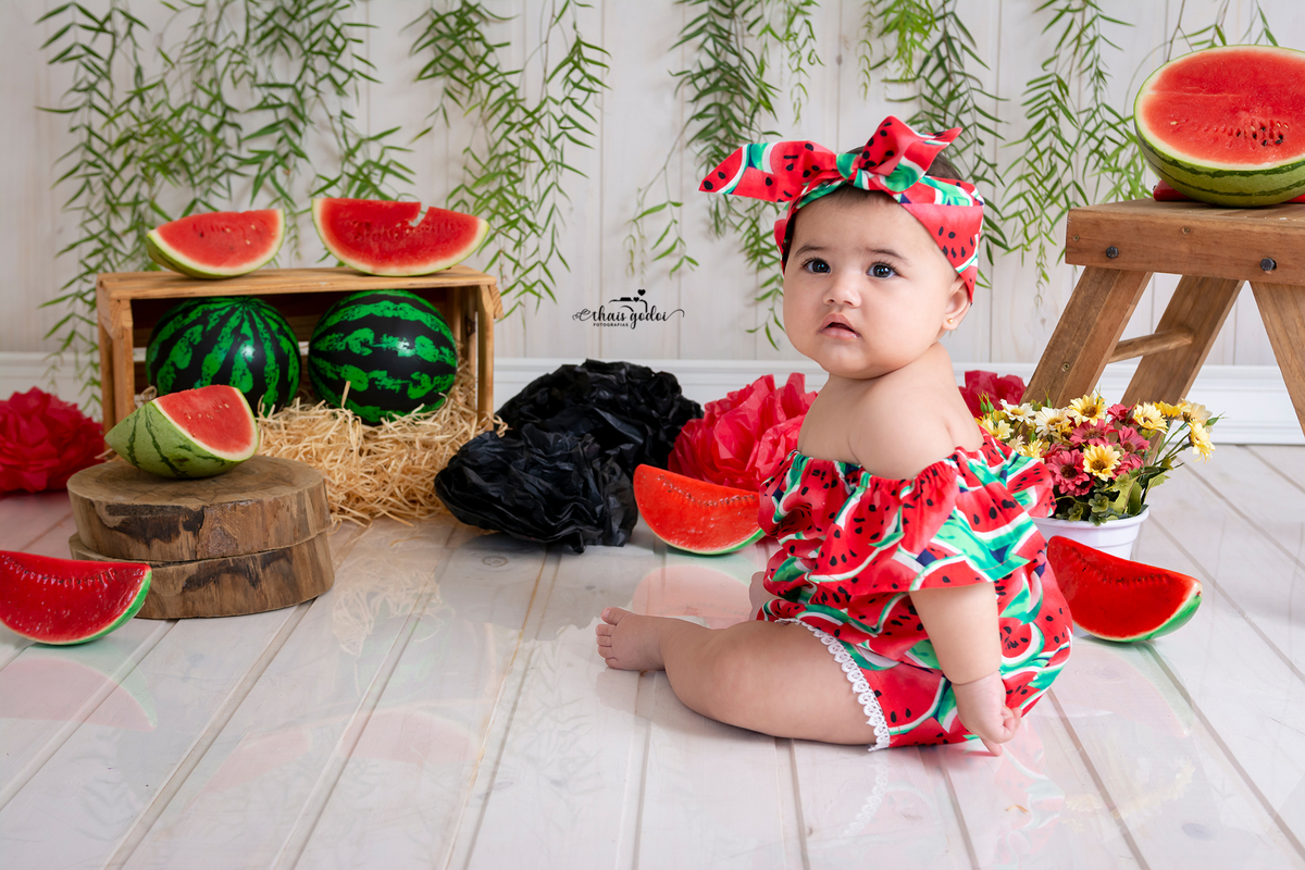 ensaio bebê 7 meses, ensaio bebê melancia