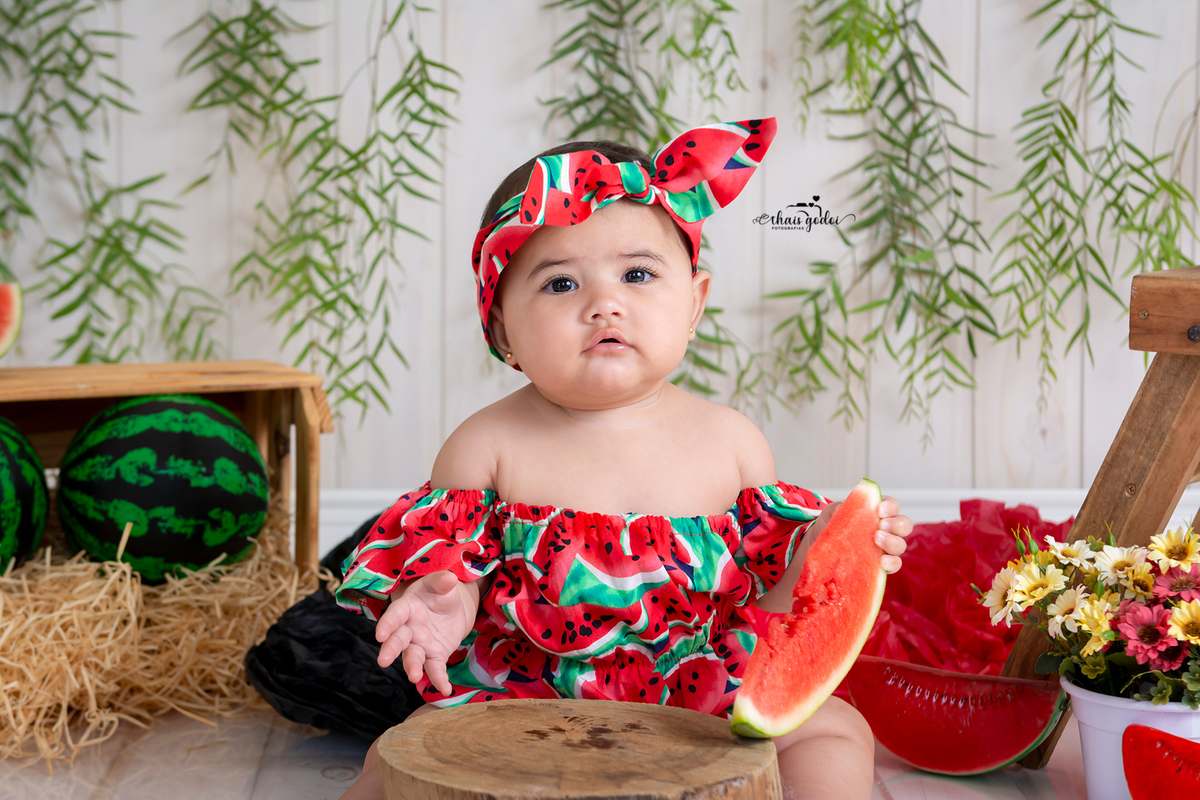 ensaio bebê 7 meses, ensaio bebê melancia