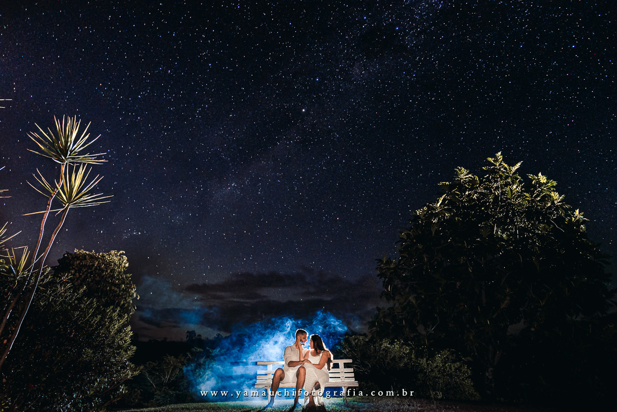 Fotografia noturna com estrelas do casal, Pousada Marina do Farol