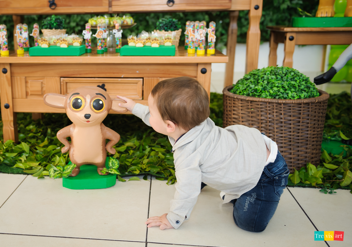 Menino aniversariante  brincando em frente a mesa da decoração, tema de festa infantil madagascar