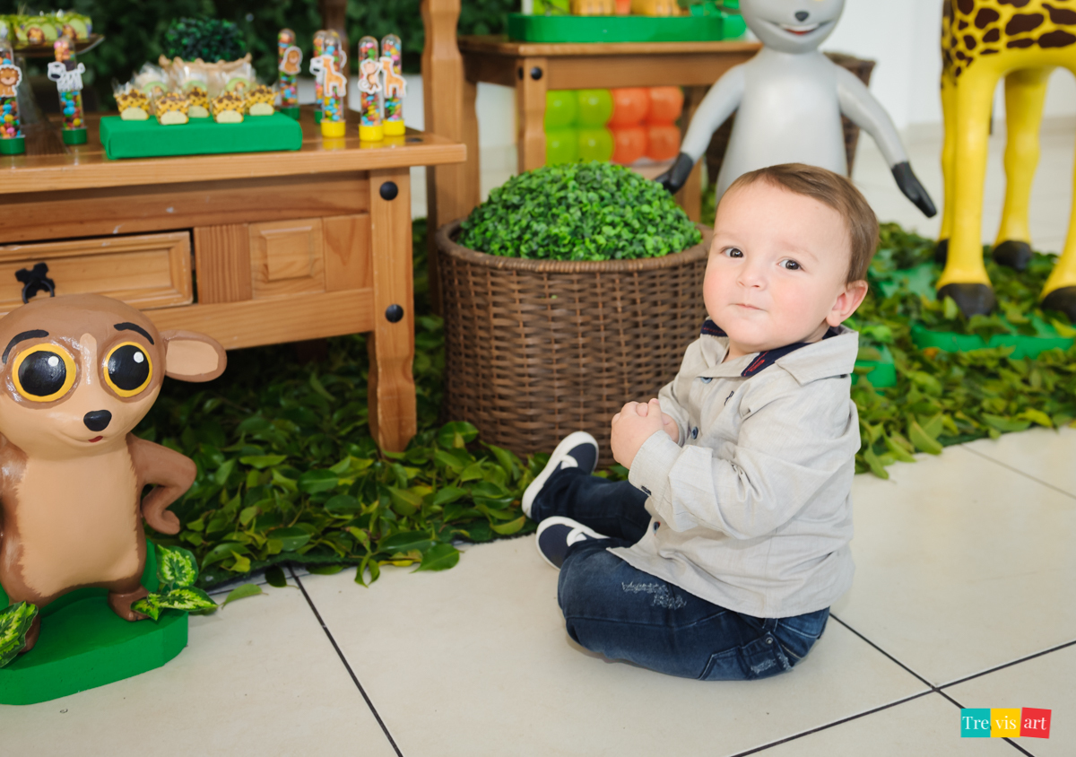 Menino aniversariante  brincando com decoração da festa de aniversario tema madagascar