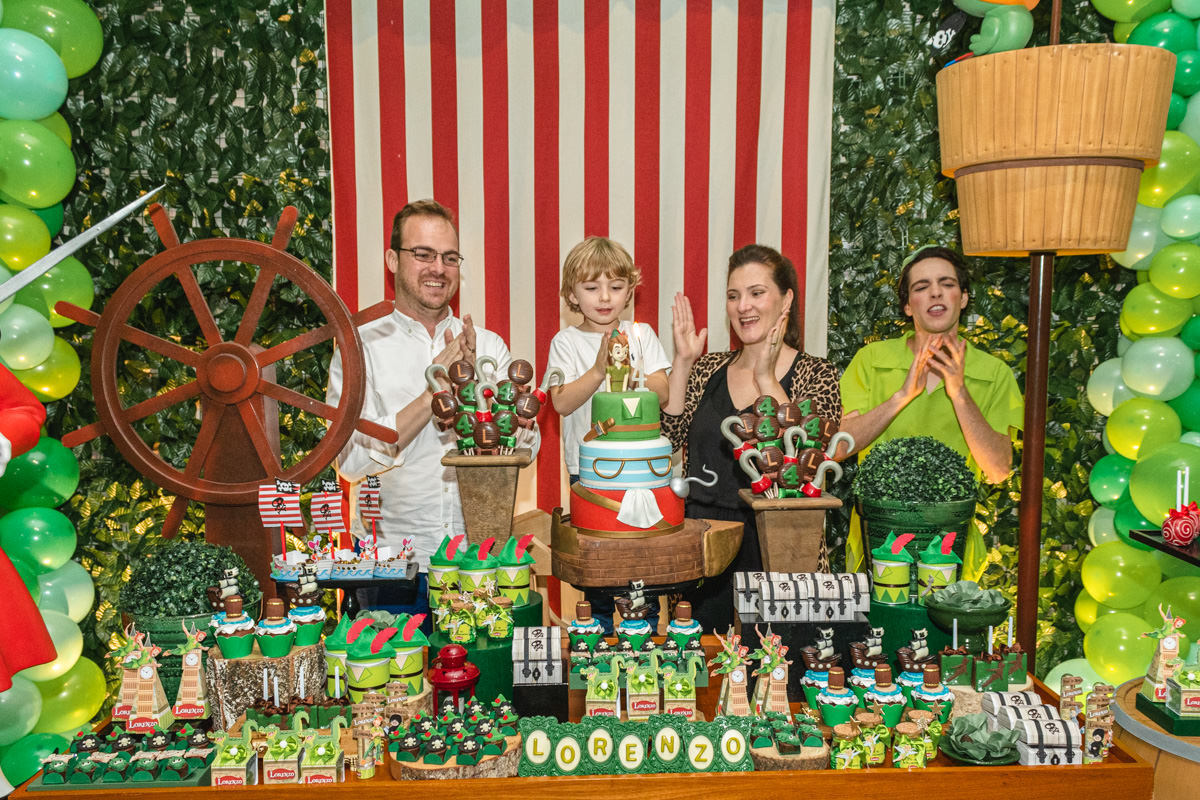Família no parabéns  com personagem vivo Peter Pan Encantada Personagens no Buffet Brigadeiro Curitiba