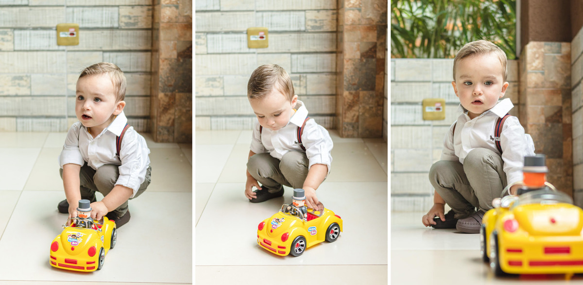 Menino brincando com objetos da Decoração de Festa Infantil Mundo Bita