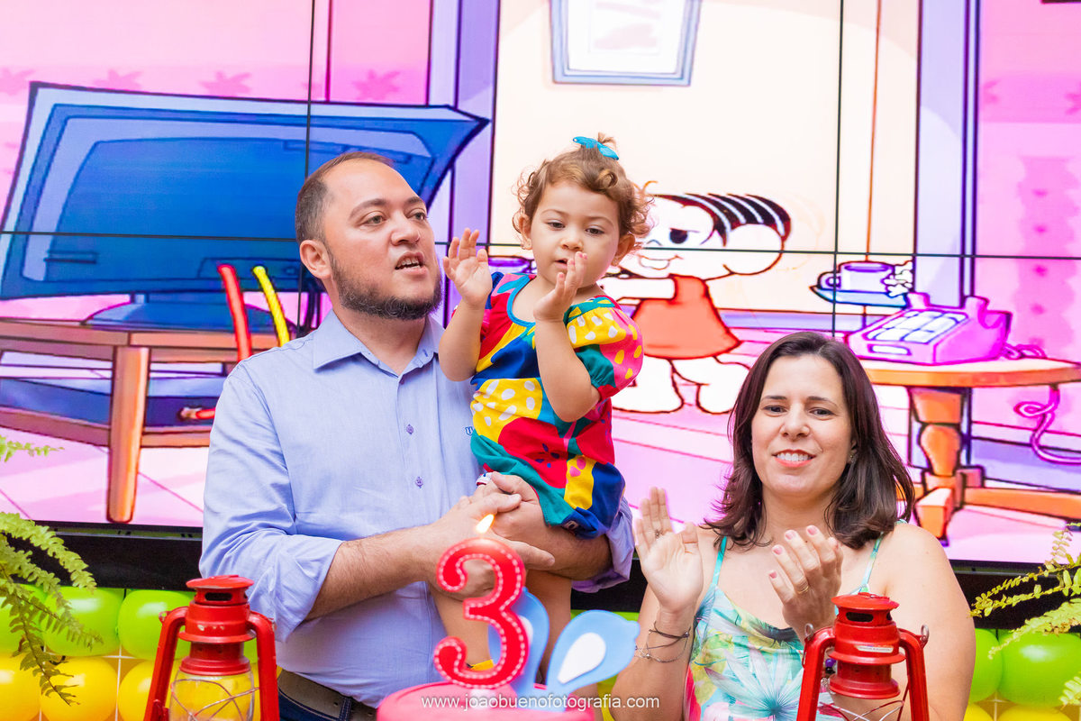 Buffet pipoca 2, fotografia infantil Bauru, fotografo infantil bauru, decoração turma da Monica, pais cantando parabéns