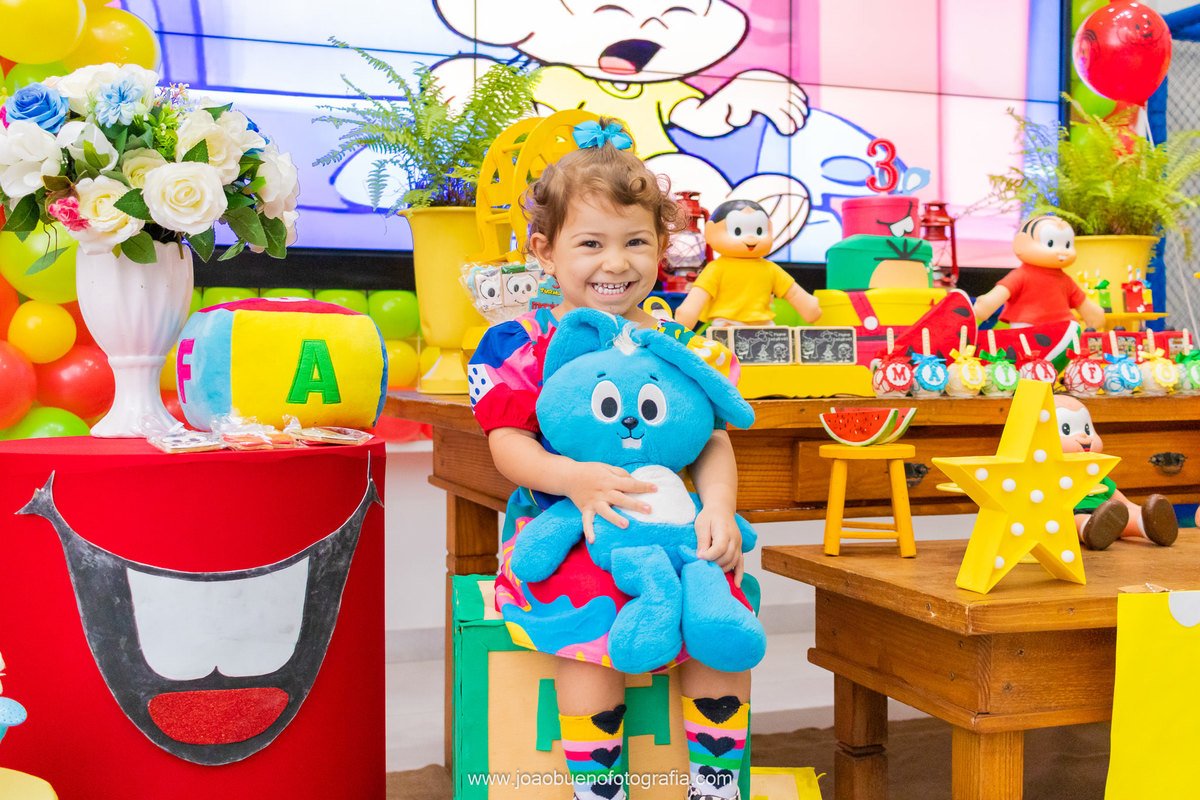 Buffet pipoca 2, fotografia infantil Bauru, fotografo infantil bauru, decoração turma da Monica, sansão de pelúcia