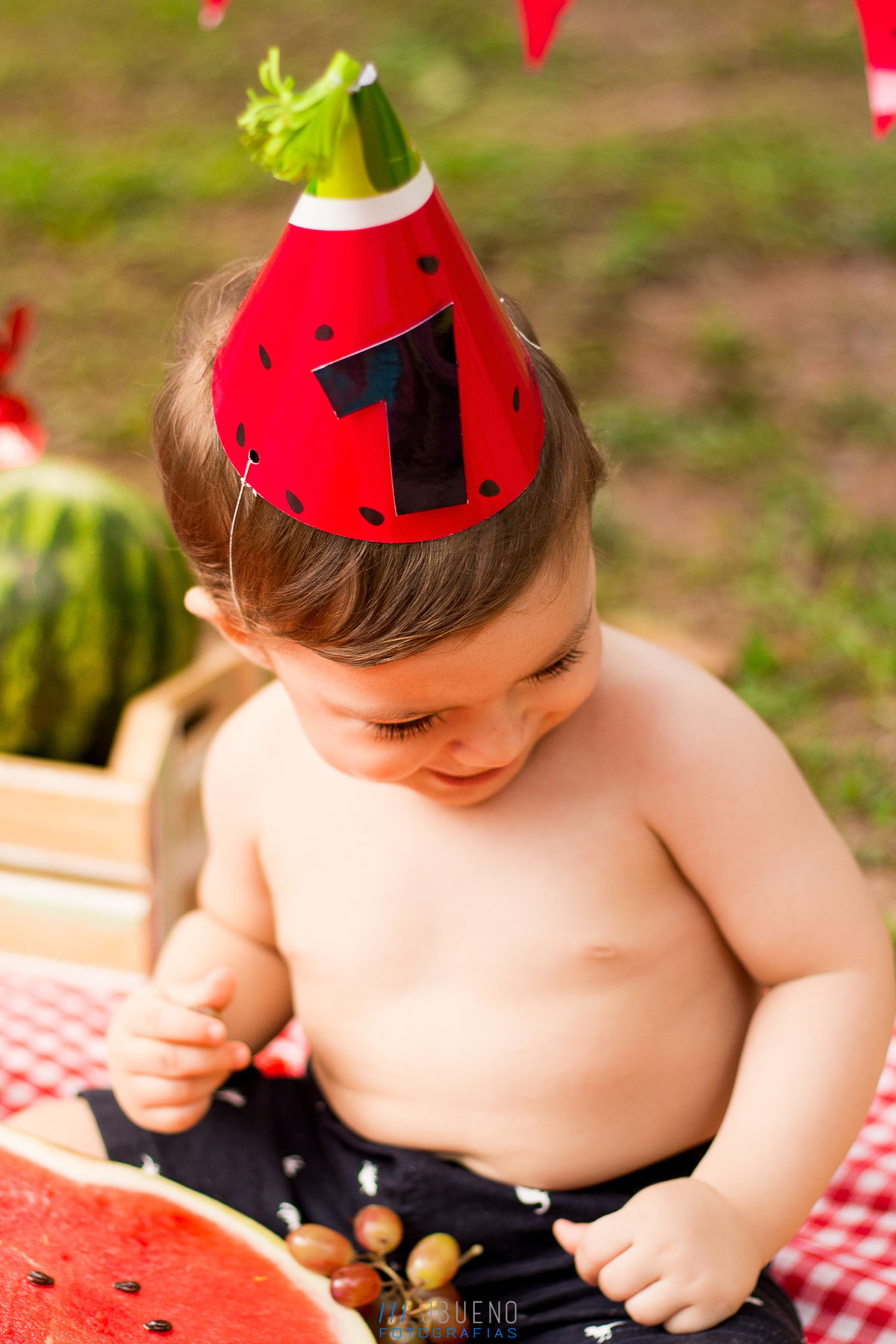 Ensaio Smash the fruit - pedro com seu chapéuzinho de aniversário, um ano Smash the fruit bauru, jardim botanico bauru, ensaio infantil bauru, ensaio em família bauru, 