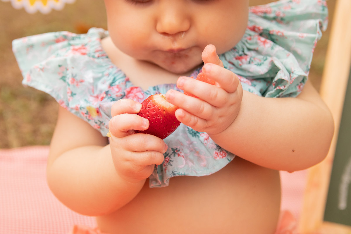 Jardim Botânico Bauru, Ensaio Smath the fruit, nenê brincando com morango em seu ensaio smash