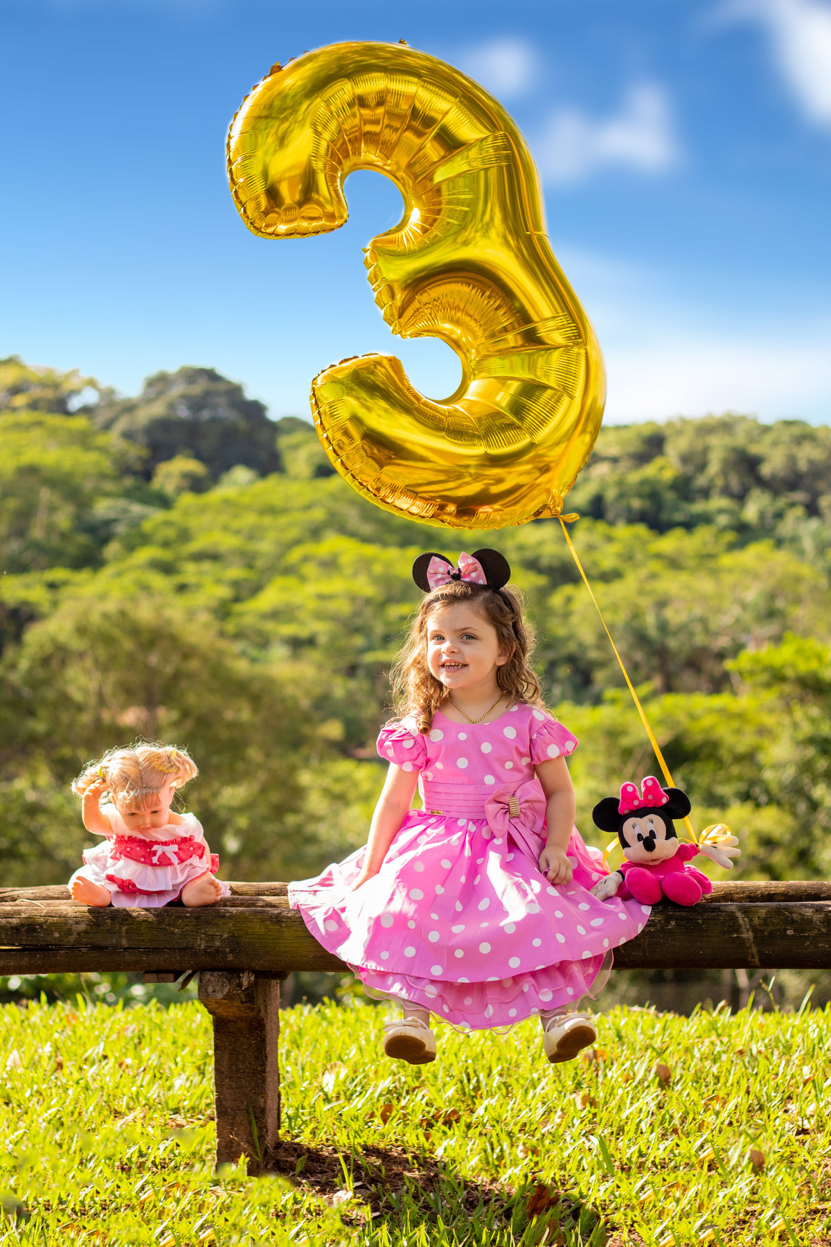 Jardim Botânico de Bauru, Ensaio infantil tema Minnie, balão de 3 anos, menina sorrindo em ensaio