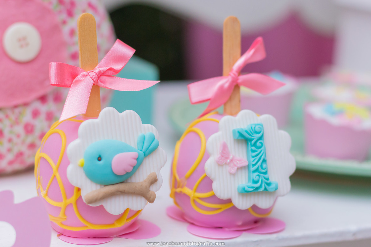 Jardim das festas Bauru, aniversário infantil Bauru, buffet infantil Bauru, pirulito personalizado um ano de menina, pirulito personalizado de passarinho