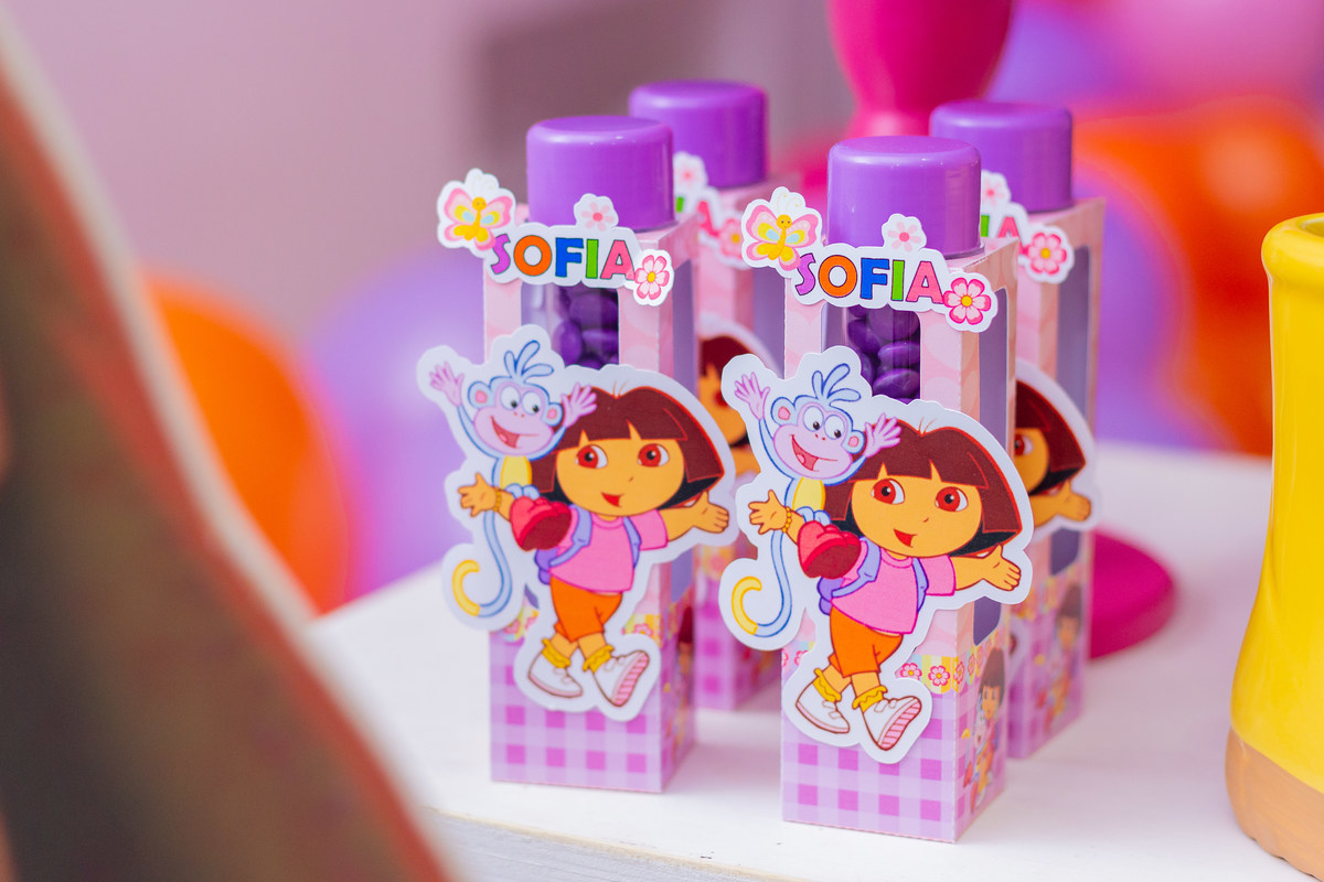 Buffet Infantil Boomerang Bauru, Festa infantil Bauru, aniversário tema Dora Aventureira, tubete da dora a aventureira