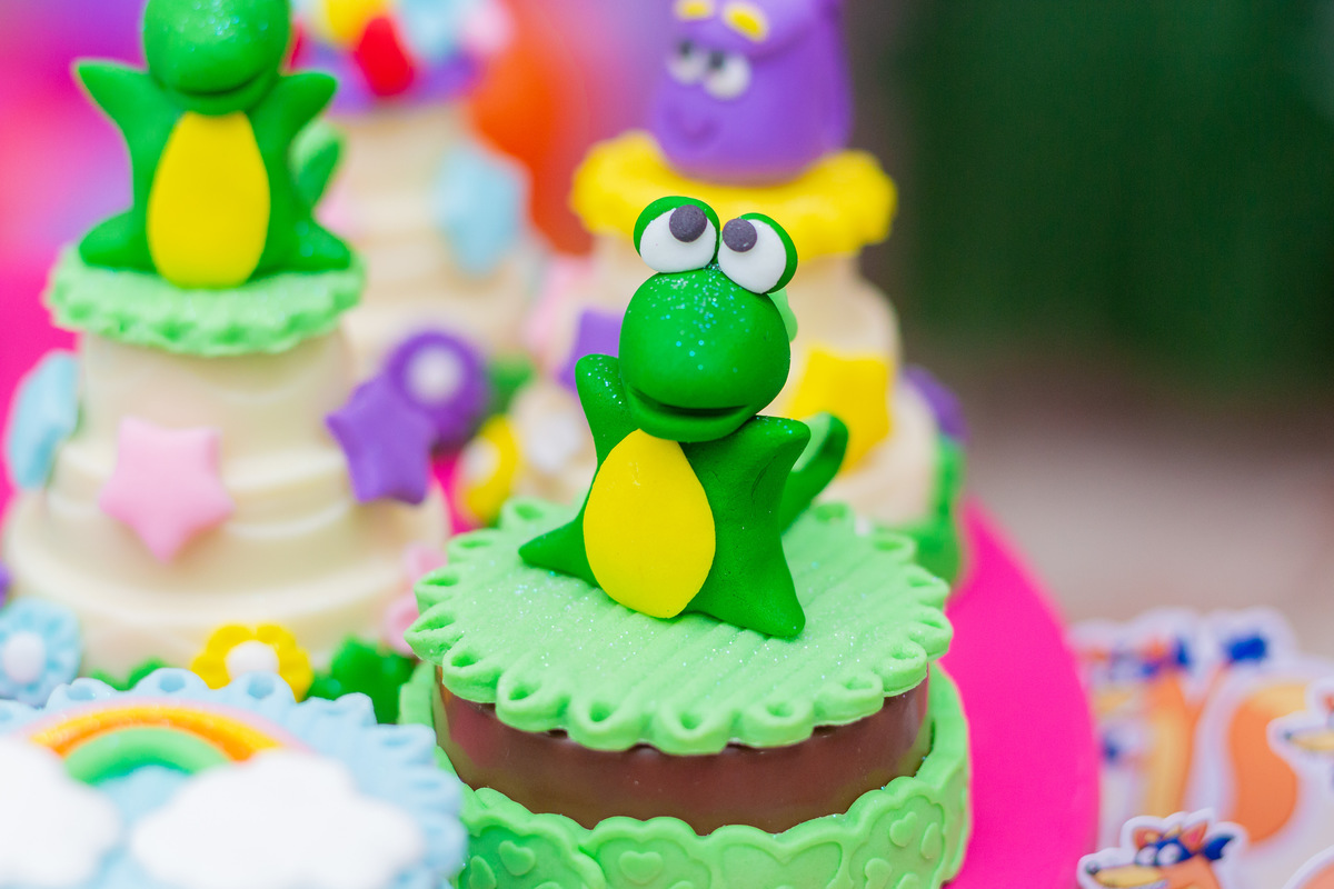 Buffet Infantil Boomerang Bauru, Festa infantil Bauru, aniversário tema Dora Aventureira, docinho personalizado sapo