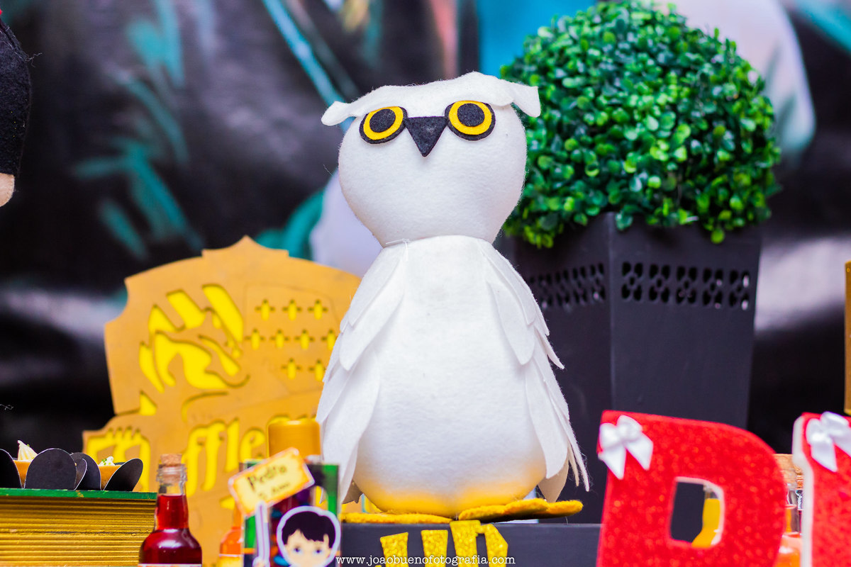 Buffet infantil Jardim das Festas, buffet infantil bauru, aniversário tema harry potter, coruja harry potter em feltro