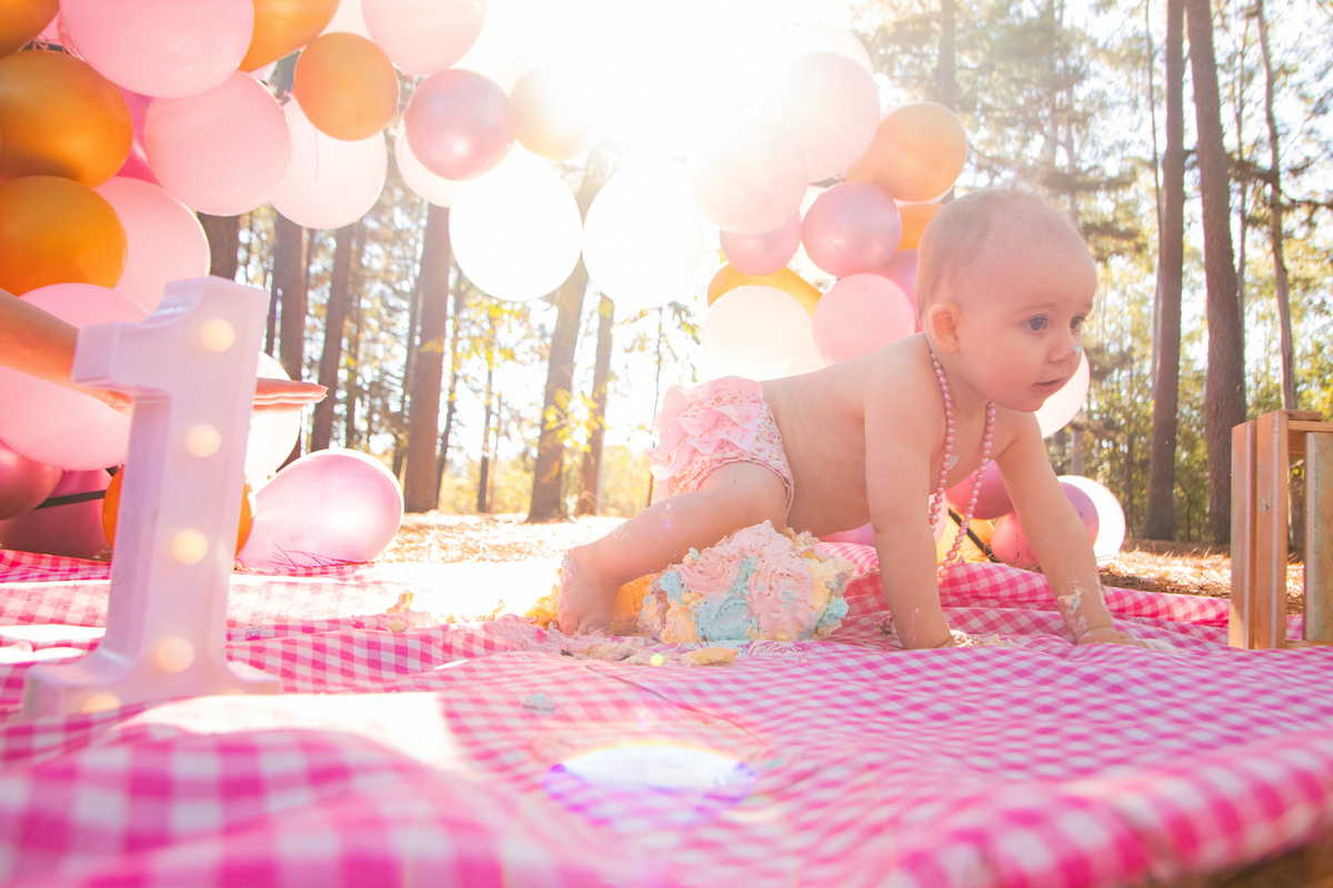 Ensaio smash the cake luxo, horto florestal bauru, ensaio infantil em bauru, ensaio pré aniversário bauru, arco de bexigas de luxo, bebê engatinhando no bolo
