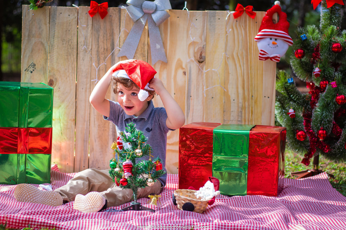 Mini ensaio de natal em bauru, mini ensaio natalino, ensaio de natal externo, ensaio natalino externo, horto florestal de bauru, criança colocando gorro do papai noel