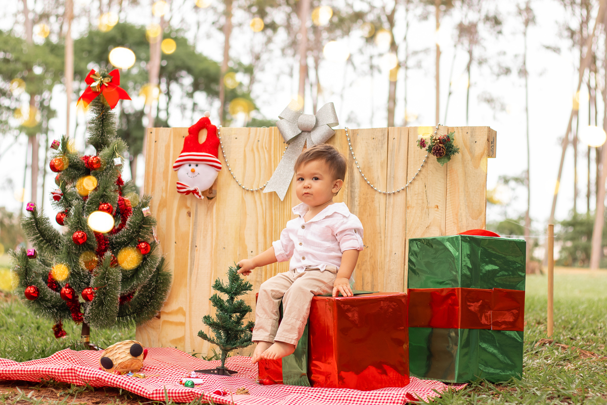 ensaio natalino em Bauru, ensaio infantil em bauru, criança brincando de montar sua árvore de natal