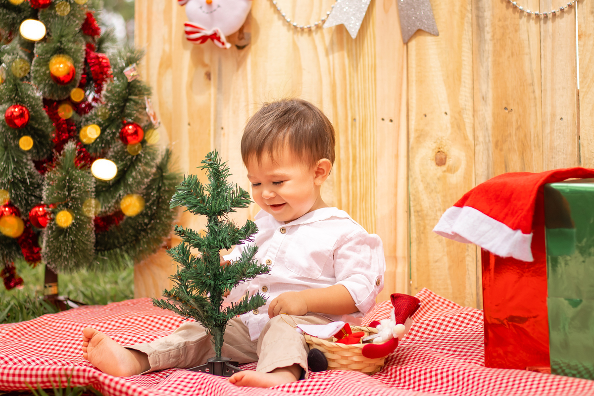 ensaio natalino em Bauru, ensaio infantil em bauru, bebê montando árvore de natal