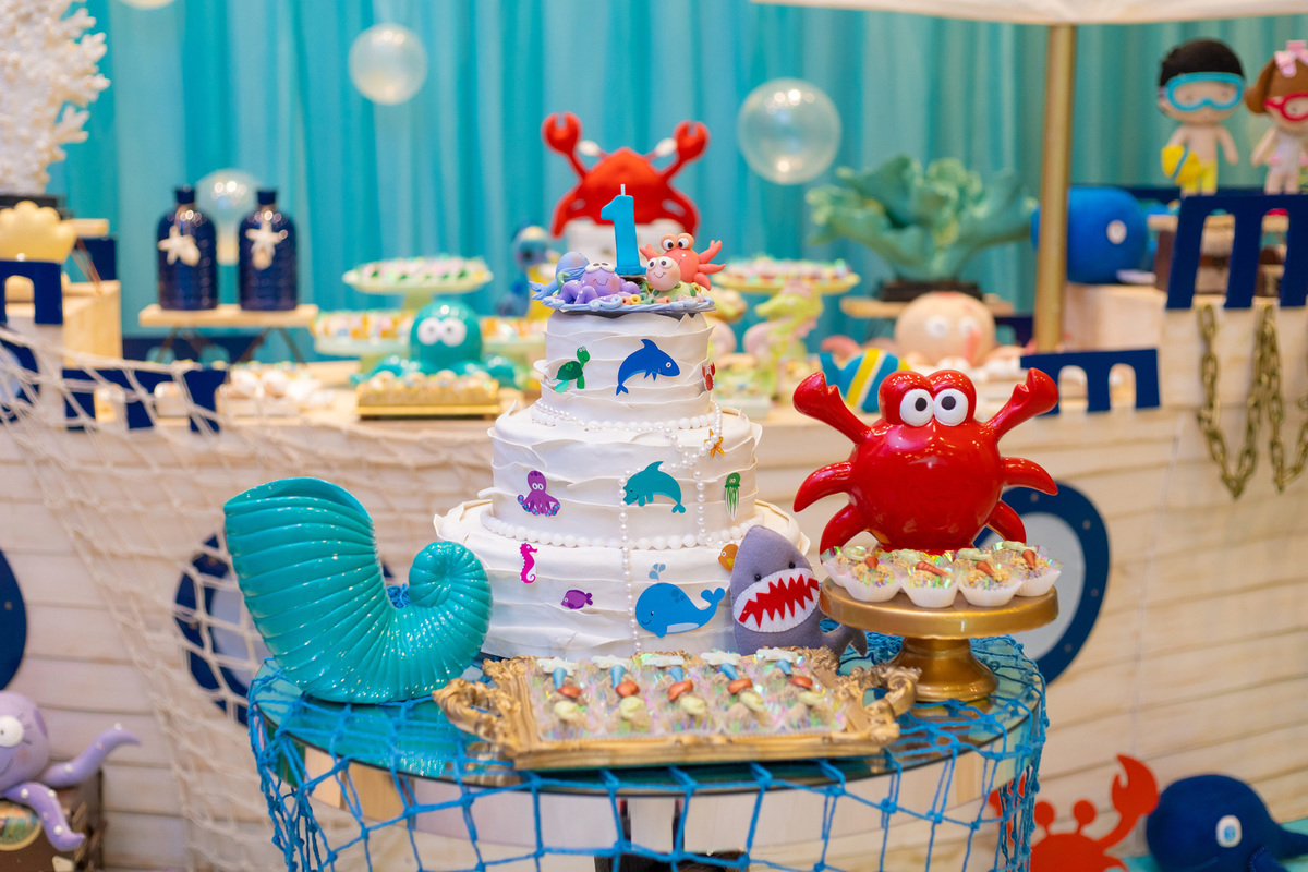 decoração fundo do mar em bauru, mesa barco, mam eventos, fotografo para aniversário infantil, fotografo de crianças, bolo fake fundo do mar