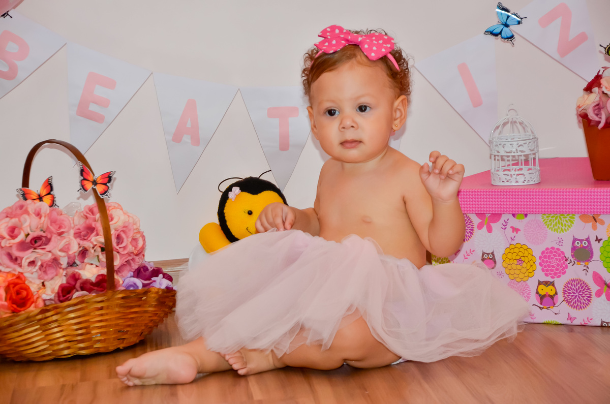 Foto de menina com tutu rosa em cenário com flores, borboletas e bichinhos de pelúcia 