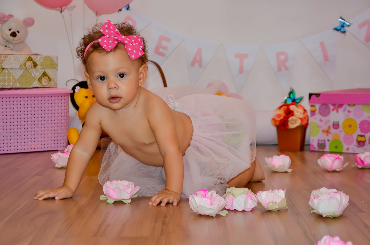 Foto de menina com tutu rosa  engatinhando  em cenário com flores e bichinhos de pelúcia e flores cor de rosa